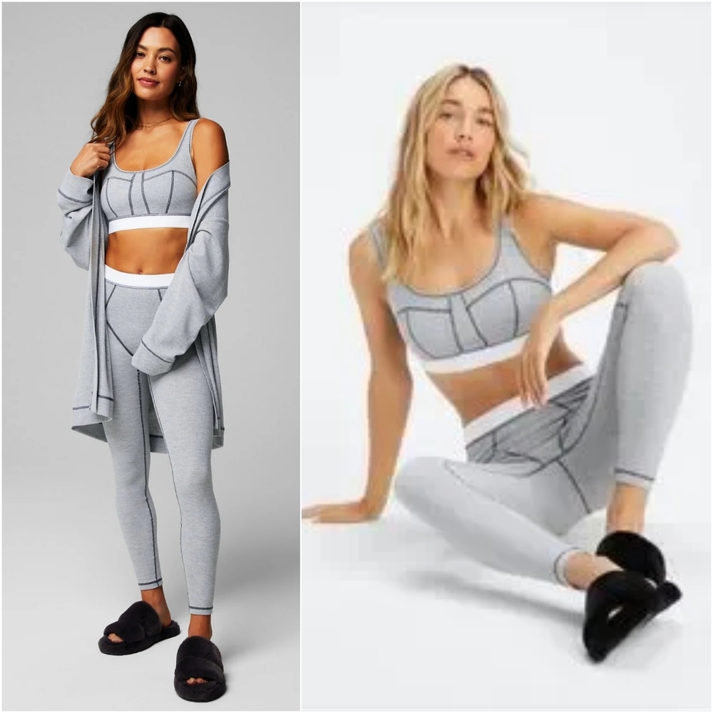 NEW! Fabletics Waffle Leggings & Sports Bra Crop Top Set Classic Gray Small